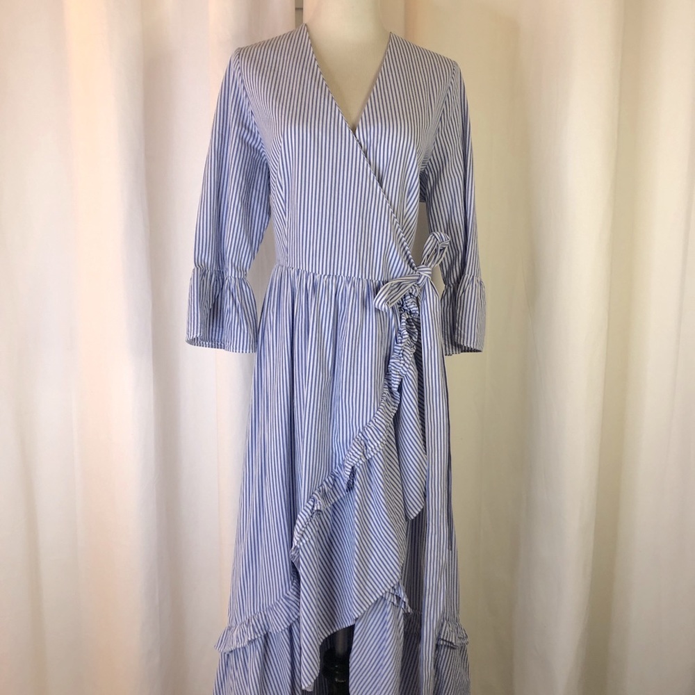 Who What Wear Blue Striped Ruffle Wrap Dress. Size L